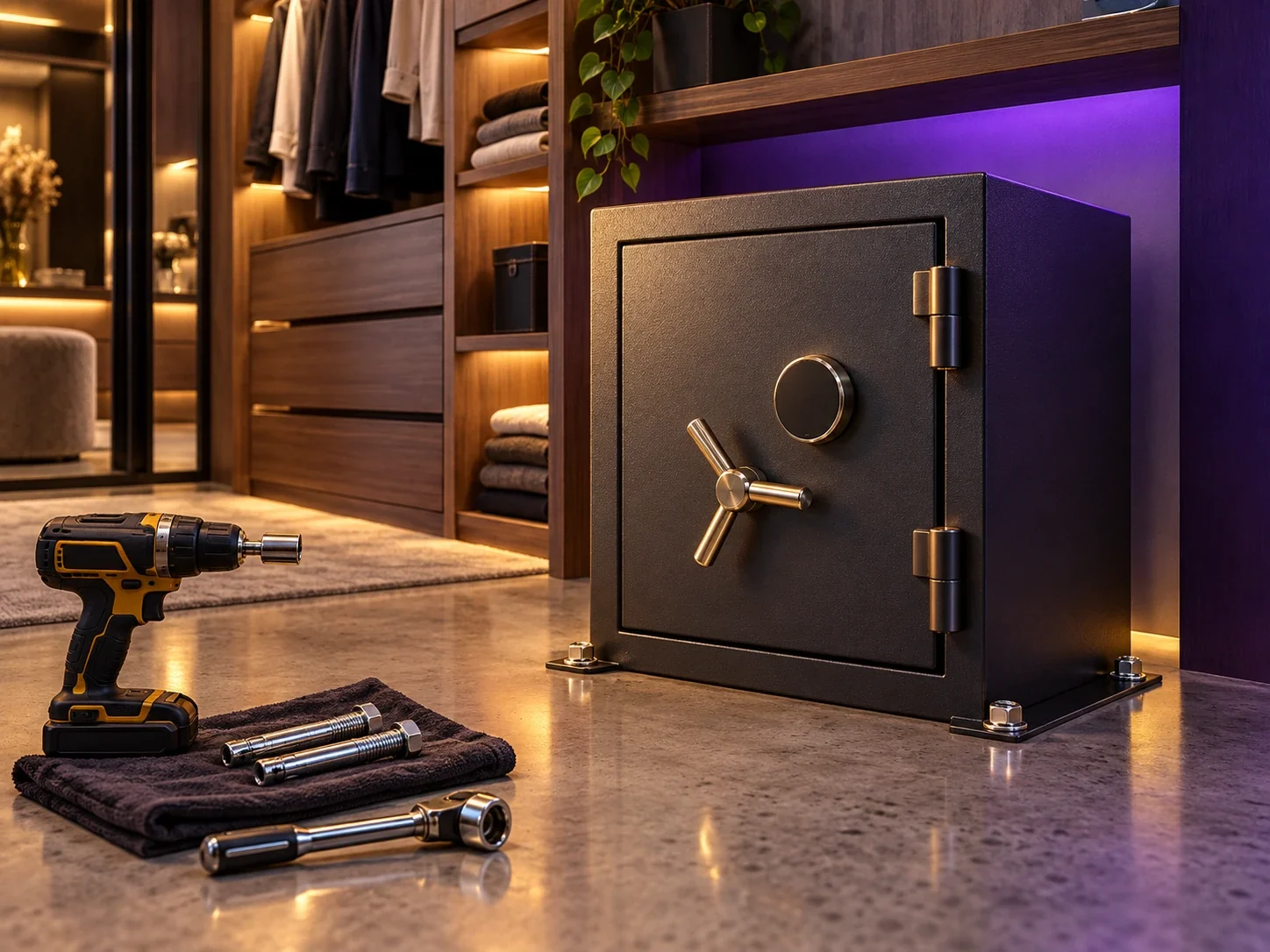 Home safe bolted to a concrete floor in a walk-in wardrobe