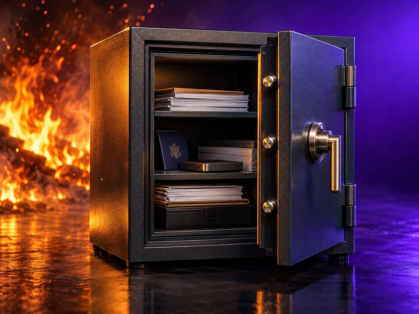 Fire-resistant safe with documents intact beside a fire